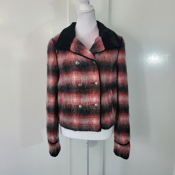 Free People Size EST S Red Wool Jacket Plaid Military Black Velvet Trim - Picture 3 of 15